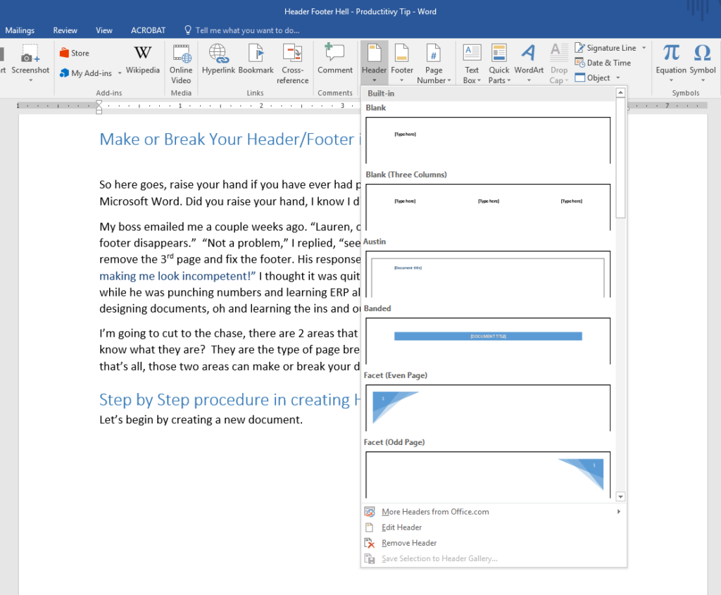 how to use headers in word 2016